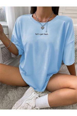 Let's Get Lost T-Shirt - Bebe Mavisi Baskılı Oversize Bisiklet Yaka Kısa Kol