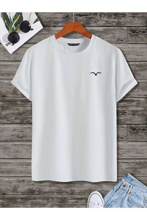 Kuş Logo Minimal T-shirt - Beyaz Oversize Baskılı Bisiklet Yaka