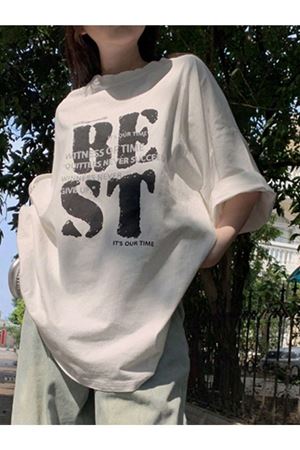 Best T-Shirt - Beyaz Baskılı Oversize Bisiklet Yaka Kısa Kol