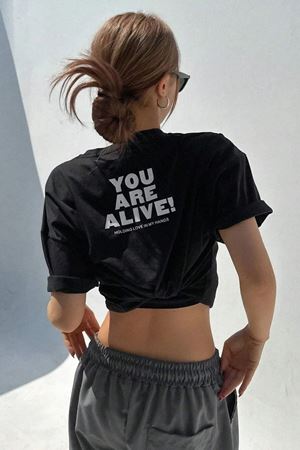 You Are Alive! T-Shirt - Siyah Baskılı Oversize Bisiklet Yaka Kısa Kol