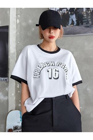French Paris Parçalı Süprem T-Shirt - Beyaz Oversize Bisiklet Yaka Kısa Kol Tişört