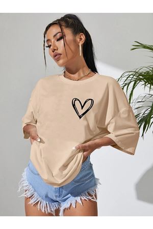 Minimal Kalp T-shirt - Açık Kahve Baskılı Oversize Bisiklet Yaka Kısa Kol Tişört