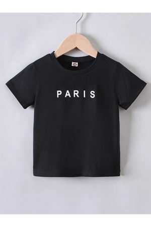 Paris Yazılı Pamuklu Çocuk T-Shirt- Siyah Baskılı Kız Erkek Çocuk Yazlık Bisiklet Yaka Tişört