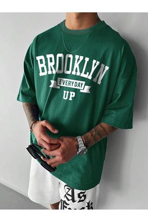Brooklyn Every Day Up Süprem T-Shirt - Nefti Yeşil Baskılı Oversize Bisiklet Yaka Kısa Kol Tişört