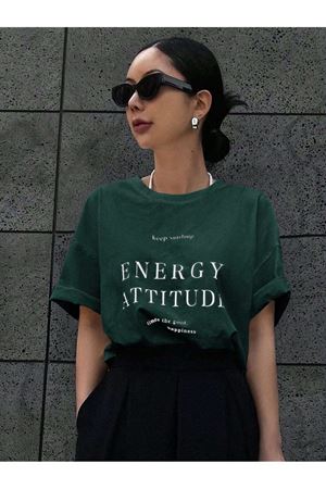Energy Attitudy Süprem T-Shirt - Nefti Yeşil Baskılı Oversize Bisiklet Yaka Kısa Kol Tişört