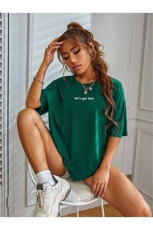 Let's Get Lost T-Shirt - Yeşil Baskılı Oversize Bisiklet Yaka Kısa Kol