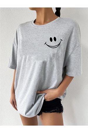 Smile Grafik T-shirt - Gri Baskılı Oversize Bisiklet Yaka Kısa Kol Tişört