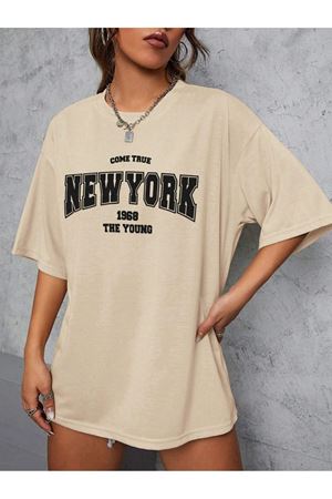 Newyork 1968 Young Süprem T-Shirt - Bej Baskılı Oversize Bisiklet Yaka Kısa Kol Tişört