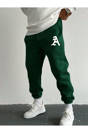 A Logo Eşofman Altı Jogger - Yeşil Baskılı Lastik Paça Yüksek Bel