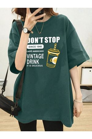 Dont Stop T-shirt - Yeşil Baskılı Oversize Bisiklet Yaka Kısa Kol Tişört