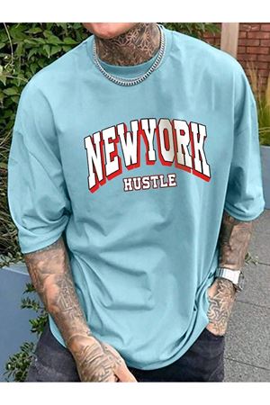 Newyork Hustle Süprem T-Shirt - Bebe Mavisi Baskılı Oversize Bisiklet Yaka Kısa Kol Tişört