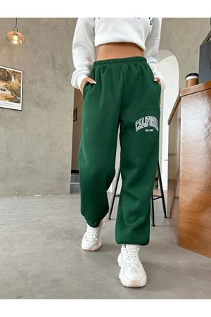 California West Coast Eşofman Altı Jogger - Yeşil Baskılı Lastik Paça Yüksek Bel