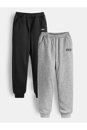 2'li Balık Logo California Eşofman Altı Jogger - Siyah Ve Gri Baskılı Lastik Paça Yüksek Bel