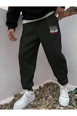 23 Chicago Eşofman Altı Jogger - Siyah Baskılı Lastik Paça Yüksek Bel