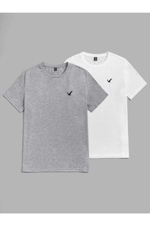 Kuş Minimal 2'li Çoklu Kombin T-shirt - Gri Beyaz Baskılı Oversize Bisiklet Yaka