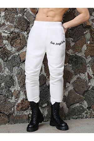 Los Angeles Eşofman Altı Jogger - Beyaz Baskılı Lastik Paça Yüksek Bel