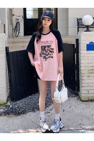 Sparklıng You T-Shirt - Pembe Baskılı Oversize Bisiklet Yaka Reglan Kol Tişört