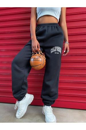 California West Coast Eşofman Altı Jogger - Siyah Baskılı Lastik Paça Yüksek Bel