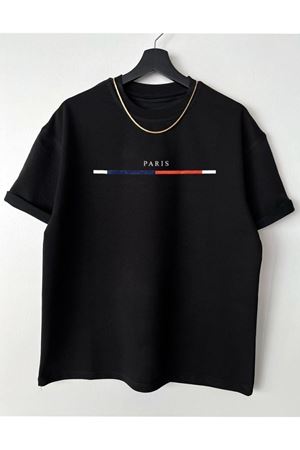 Paris Çizgi Detay T-Shirt - Siyah Baskılı Oversize Bisiklet Yaka Kısa Kol