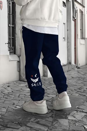 Smile Face Lacivert Jogger Ince Eşofman Altı - Paça Baskı Detaylı Lastik Paça Baskılı Rahat Tarz