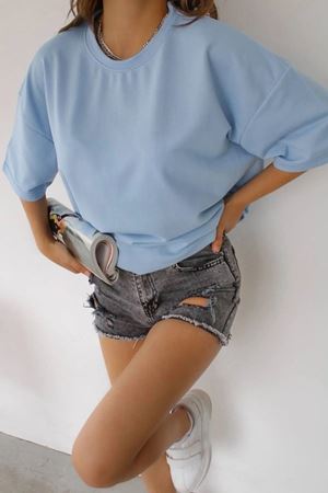 Unisex Bebe Mavi Pamuklu Oversize T-shirt - Bisiklet Yaka