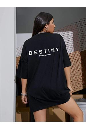 Destiny T-shirt - Siyah Baskılı Oversize Bisiklet Yaka Kısa Kol Tişört