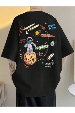 Moon To Mars T-Shirt - Siyah Baskılı Oversize Bisiklet Yaka Kısa Kol