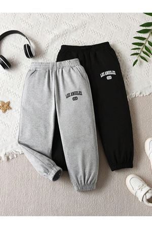 2'li Los Angeles Pamuk Çocuk Eşofman Altı Jogger - Gri Siyah Baskılı Kız Erkek Çocuk Lastik Paça