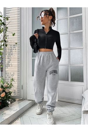 California West Coast Eşofman Altı Jogger - Gri Baskılı Lastik Paça Yüksek Bel