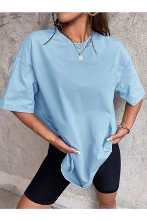 Düz Basic T-Shirt -Bebe Mavisi Oversize Bisiklet Yaka Kısa Kol