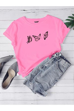 Uçan Kelebekler Süprem T-Shirt - Pembe Baskılı Oversize Bisiklet Yaka Kısa Kol Tişört