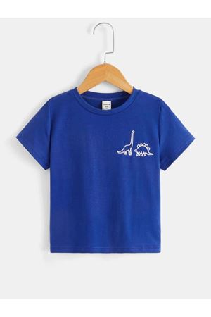 Dinazorlar Pamuklu Çocuk T-Shirt- Sax Mavi Baskılı Kız Erkek Çocuk Yazlık Bisiklet Yaka Tişört