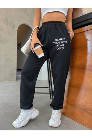 Protect Eşofman Altı Jogger - Siyah Baskılı Lastik Paça Yüksek Bel