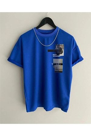 New Moment T-Shirt - Sax Mavi Baskılı Oversize Bisiklet Yaka Kısa Kol