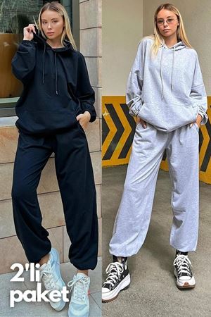 2'li Basic Düz Eşofman Takımı Sweatshirt Jogger - Siyah Gri Oversize Şardonlu Kapüşonlu