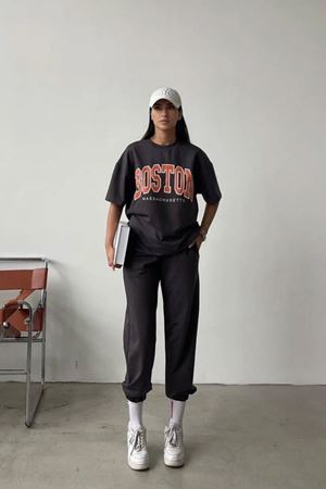 Boston T-shirt Eşofman Altı Jogger - Füme Baskılı Alt Üst Eşofman Takımı Oversize Bisiklet Yaka
