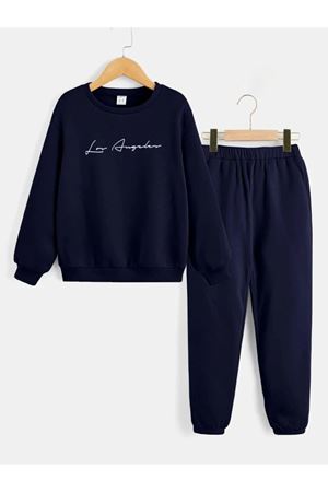 Los Angeles El Yazılı Eşofman Takımı Sweatshirt Jogger - Lacivert Baskılı Oversize Bisiklet Yaka