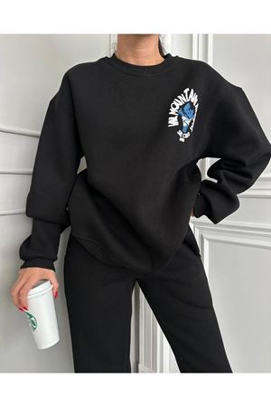 Val Mountain Logo Eşofman Takımı Sweatshirt Jogger - Siyah Baskılı Oversize Şardonlu Bisiklet Yaka