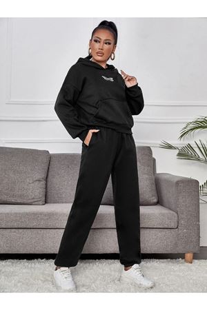 Çift Kelebek Eşofman Takımı Sweatshirt Jogger - Siyah Baskılı Oversize Şardonlu Kapüşonlu