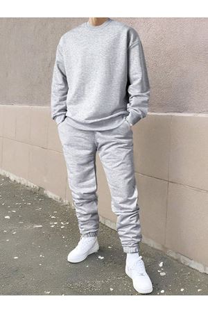 Erkek Düz Eşofman Takımı Sweatshirt Jogger - Gri Oversize Şardonlu Bisiklet Yaka