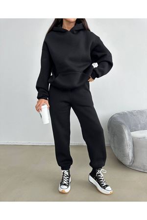 Baskısız Eşofman Takımı Sweatshirt Jogger - Siyah Oversize Şardonlu Kapüşonlu