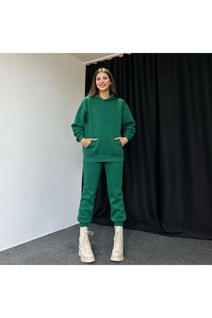Baskısız Eşofman Takımı Sweatshirt Jogger - Yeşil Oversize Şardonlu Kapüşonlu