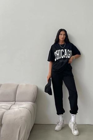 Chicago T-shirt Eşofman Altı Jogger - Siyah Baskı Alt Üst Eşofman Takımı Oversize Bisiklet Yaka
