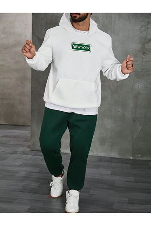 New York Eşofman Takımı Sweatshirt Jogger - Beyaz Nefti Yeşil Baskılı Oversize Şardonlu Kapüşonlu