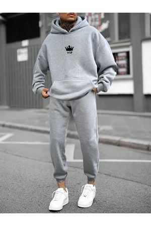 Vip Eşofman Takımı Sweatshirt Jogger - Gri Baskılı Oversize Şardonlu Kapüşonlu