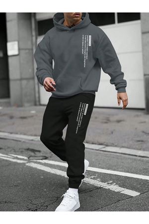 İnnovation Eşofman Takımı Sweatshirt Jogger - Üst Füme Alt Siyah Oversize Şardonlu Kapüşonlu