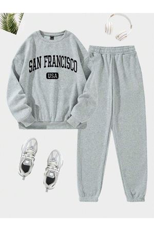 San Francisco Usa Eşofman Takımı Sweatshirt Jogger - Gri Baskılı Oversize Şardonlu Bisiklet Yaka