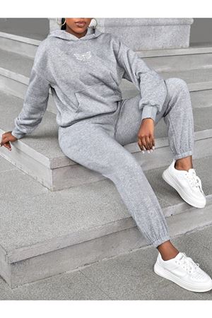 Çift Kelebek Eşofman Takımı Sweatshirt Jogger - Gri Baskılı Oversize Şardonlu Kapüşonlu