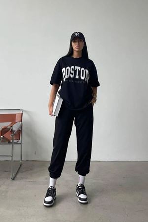 Boston T-shirt Eşofman Altı Jogger - Siyah Baskılı Alt Üst Eşofman Takımı Oversize Bisiklet Yaka
