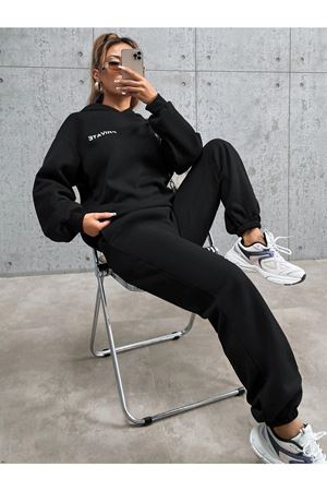 Private Eşofman Takımı Sweatshirt Jogger - Siyah Baskılı Oversize Şardonlu Kapüşonlu